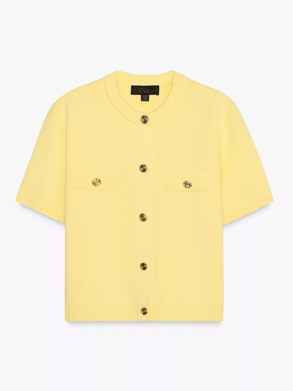 Zara Yellow Short Sleeve Knit Cardigan Gold Button Preppy Top L